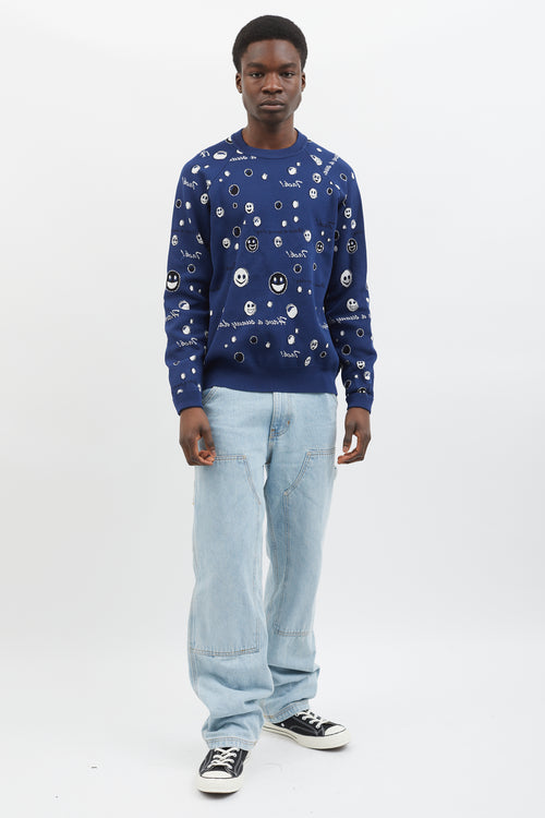 Acne Studios Navy 
White Stretch Knit Smiley Face Sweater