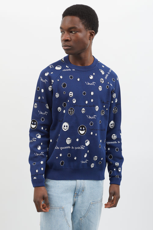 Acne Studios Navy 
White Stretch Knit Smiley Face Sweater