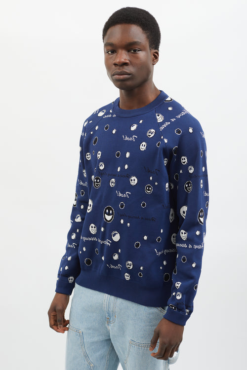 Acne Studios Navy 
White Stretch Knit Smiley Face Sweater