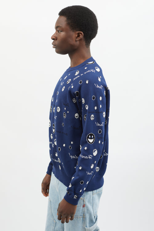 Acne Studios Navy 
White Stretch Knit Smiley Face Sweater