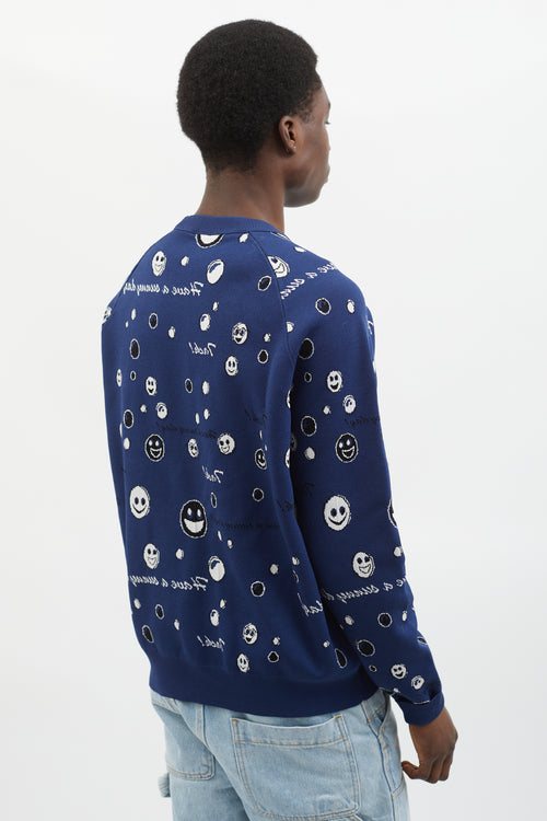 Acne Studios Navy 
White Stretch Knit Smiley Face Sweater