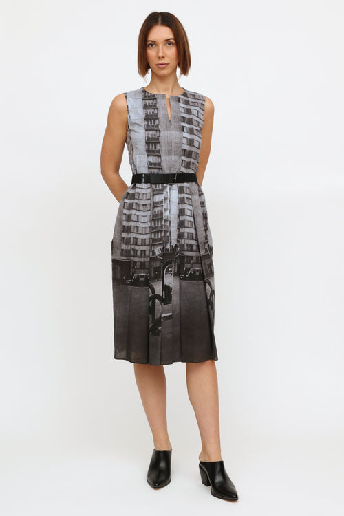 Grey Pattern Half Zip Pleated Dress