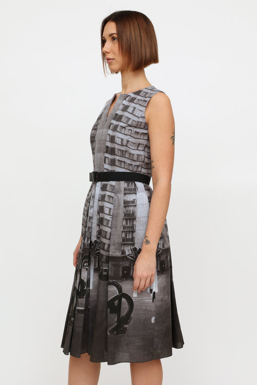 Grey Pattern Half Zip Pleated Dress