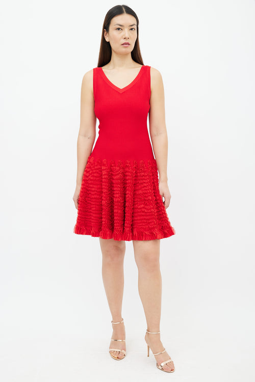 Alaïa Red Sleeveless Ruched Ruffle Midi Dress