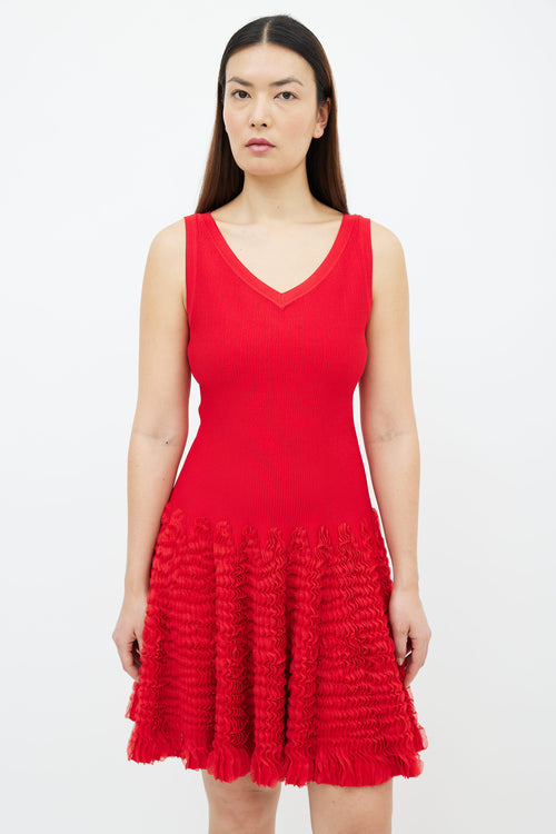 Alaïa Red Sleeveless Ruched Ruffle Midi Dress