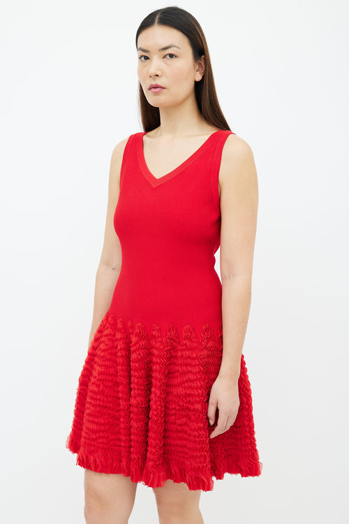 Alaïa Red Sleeveless Ruched Ruffle Midi Dress