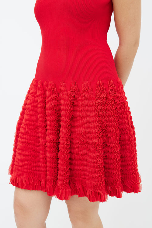 Alaïa Red Sleeveless Ruched Ruffle Midi Dress