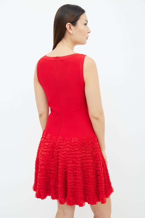 Alaïa Red Sleeveless Ruched Ruffle Midi Dress