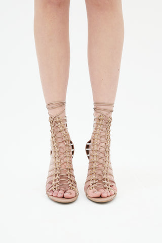 Alaïa Taupe Leather Lace-Up Cage Sandal Heel