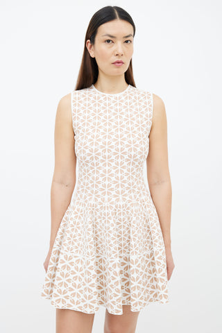 Alexander McQueen Beige 
White Floral Knit Flare Dress