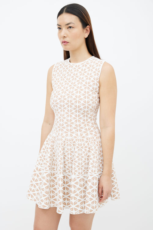 Alexander McQueen Beige 
White Floral Knit Flare Dress