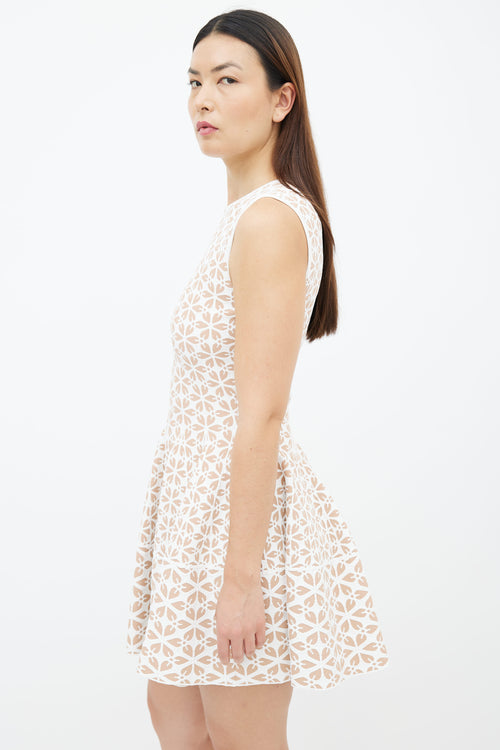 Alexander McQueen Beige 
White Floral Knit Flare Dress