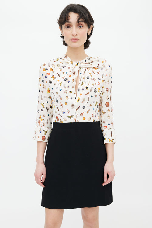 Alexander McQueen Cream, black 
Multicolour Silk Printed Eye Spy Dress