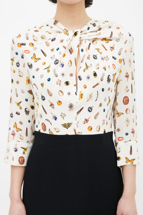 Alexander McQueen Cream, black 
Multicolour Silk Printed Eye Spy Dress