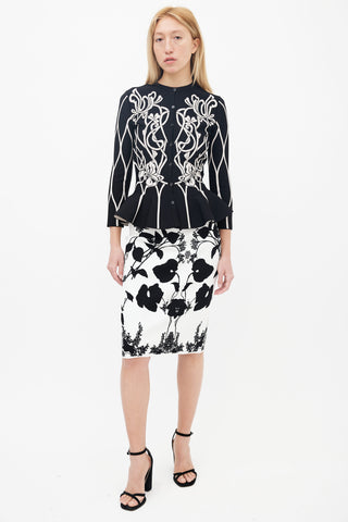 Alexander McQueen Black 
White Floral Peplum Cardigan