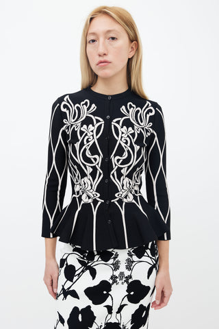 Alexander McQueen Black 
White Floral Peplum Cardigan