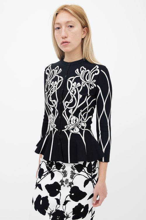 Alexander McQueen Black 
White Floral Peplum Cardigan