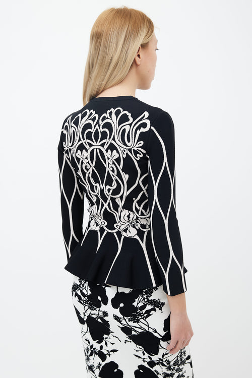 Alexander McQueen Black 
White Floral Peplum Cardigan