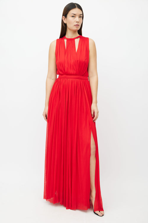 Alexander McQueen Red Chiffon Pleated Maxi Dress