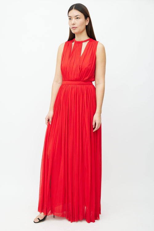 Alexander McQueen Red Chiffon Pleated Maxi Dress