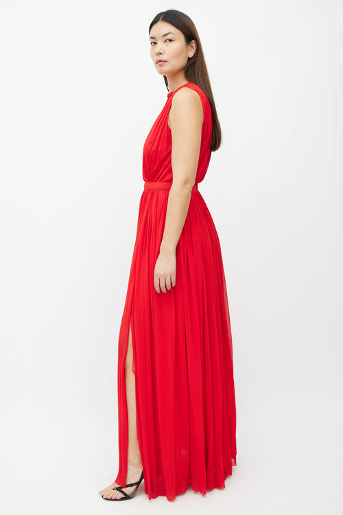 Alexander McQueen Red Chiffon Pleated Maxi Dress