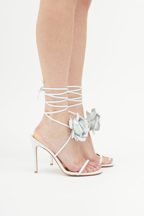 Alexandre Vauthier White Leather Laurel Crystal Flower Sandal Heel