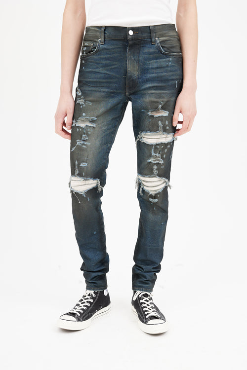 Amiri Dark Blue Distressed Skinny Jeans