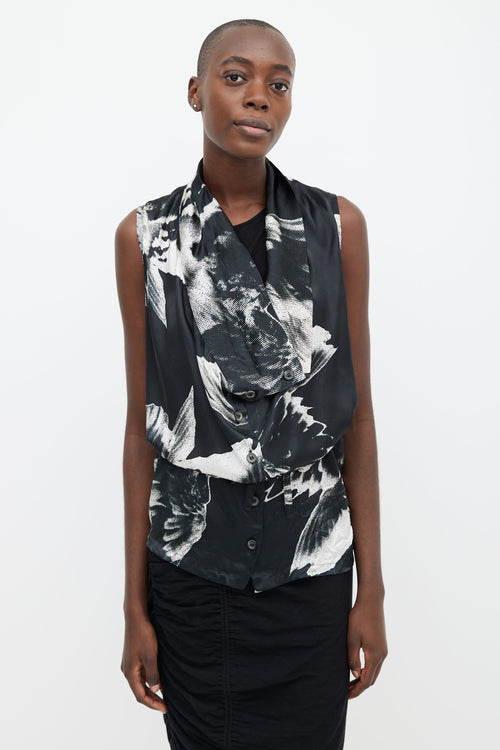 Ann Demeulemeester Spring 2010 Black 
White Print Silk Asymmetrical Top