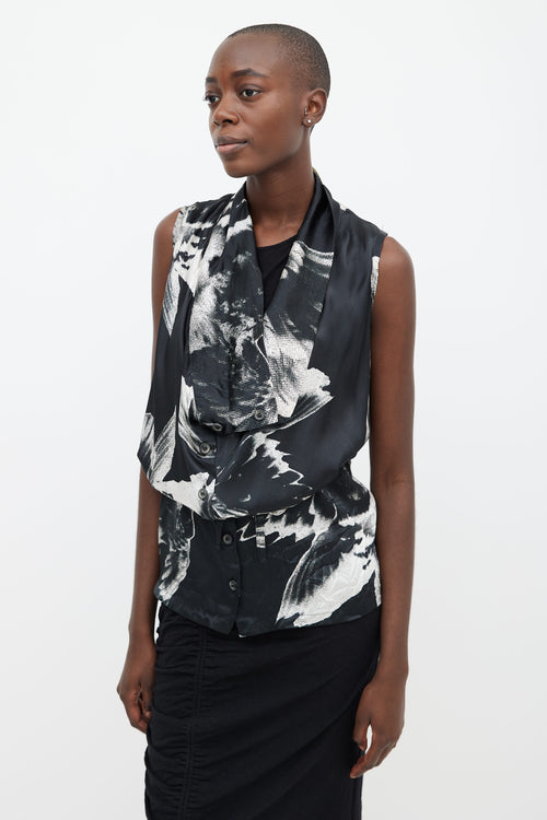 Ann Demeulemeester Spring 2010 Black 
White Print Silk Asymmetrical Top