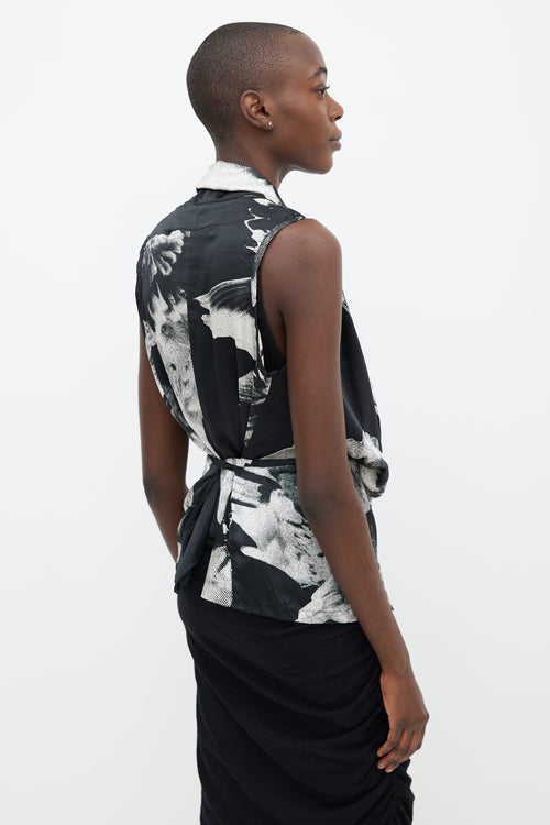 Ann Demeulemeester Spring 2010 Black 
White Print Silk Asymmetrical Top