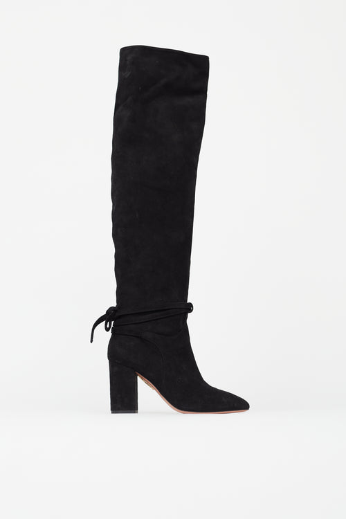 Aquazurra Black Suede Knee High Pointed Toe Boot