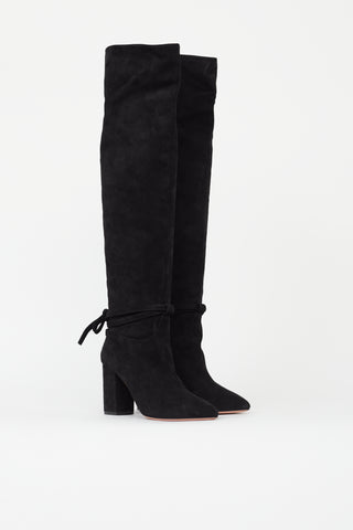 Aquazurra Black Suede Knee High Pointed Toe Boot