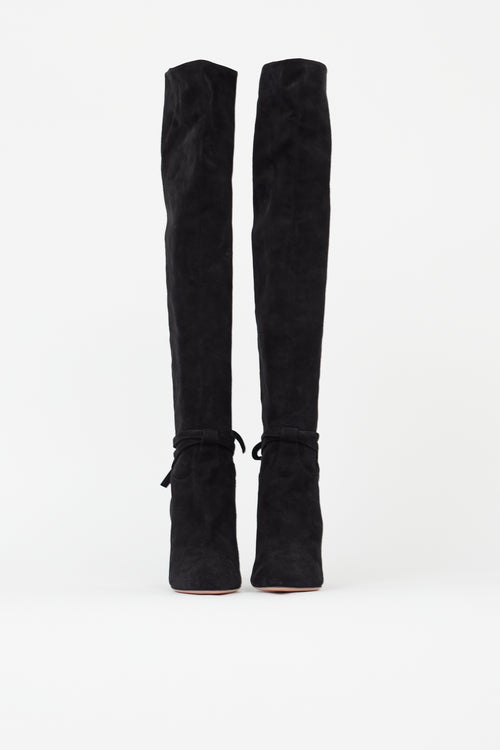 Aquazurra Black Suede Knee High Pointed Toe Boot