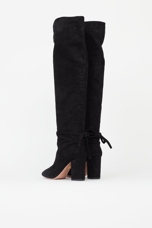 Aquazurra Black Suede Knee High Pointed Toe Boot