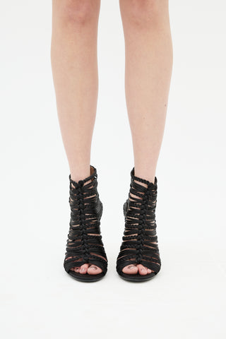 Aquazzura Black Satin Cage Knot Sandal Heel