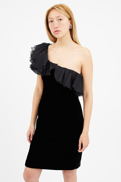 Armani Black Velvet Ruffle One Shoulder Dress