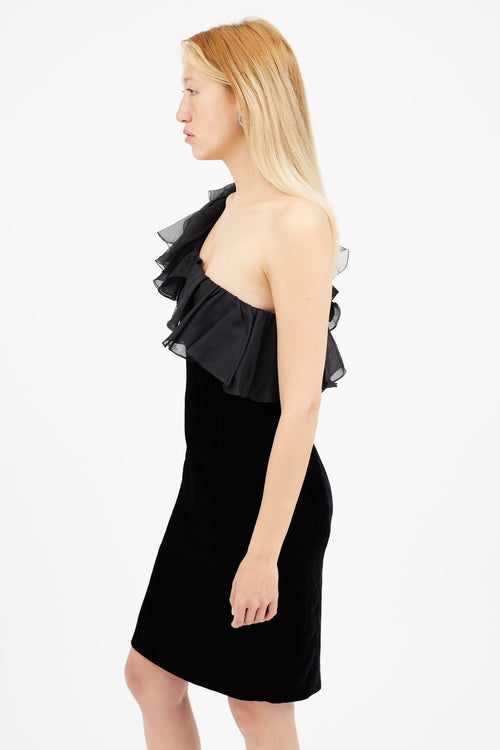 Armani Black Velvet Ruffle One Shoulder Dress