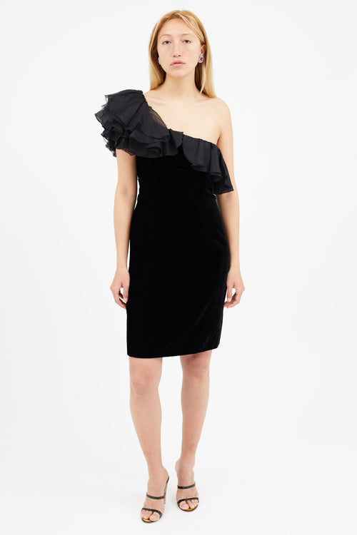 Armani Black Velvet Ruffle One Shoulder Dress