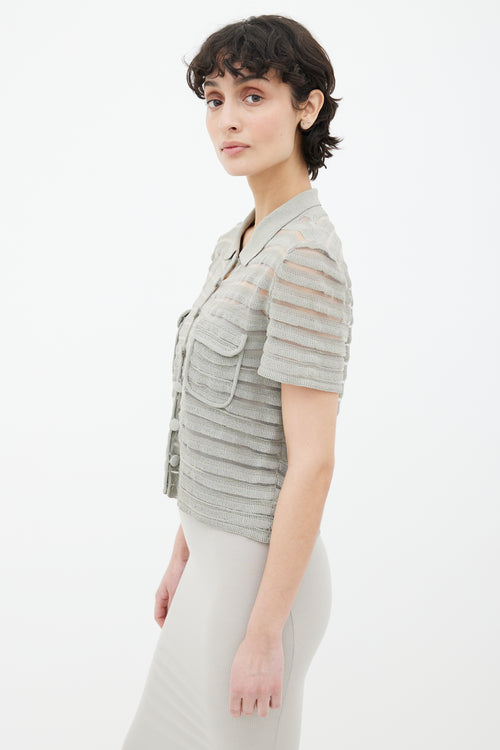 Armani Greige Semi Sheer Striped Knit Shirt