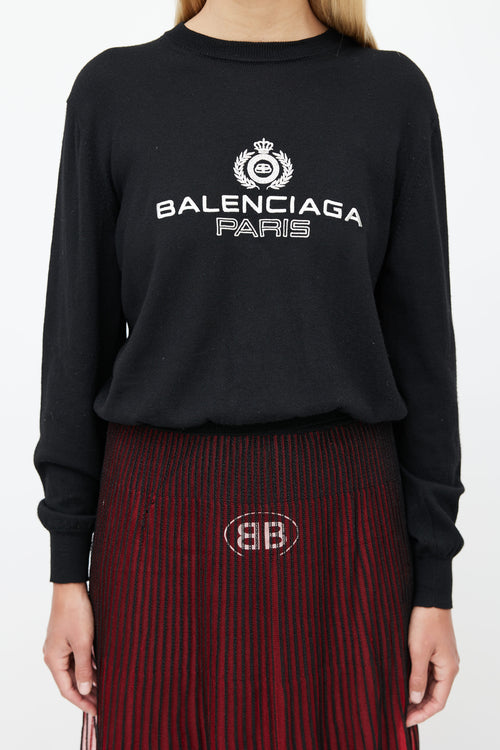 Balenciaga Black 
Silver Embroidered Logo Sweater