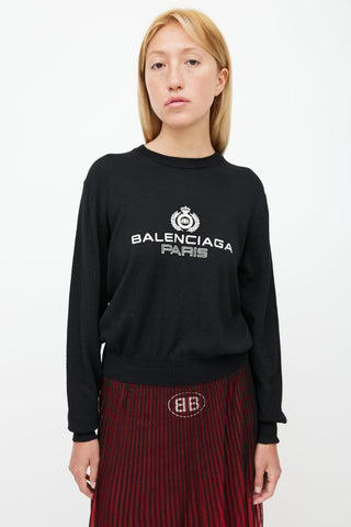 Balenciaga Black 
Silver Embroidered Logo Sweater