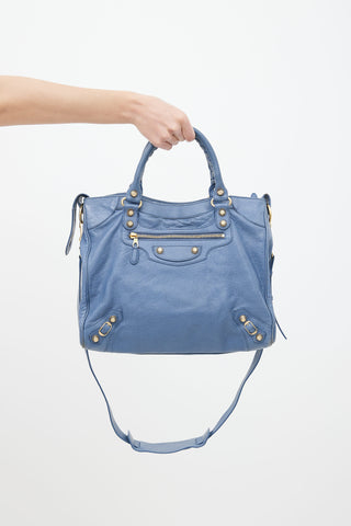 Balenciaga Blue Leather 
Gold-Tone City Shoulder Bag