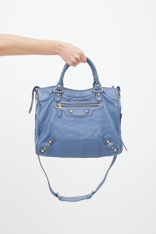 Balenciaga Blue Leather 
Gold-Tone City Shoulder Bag