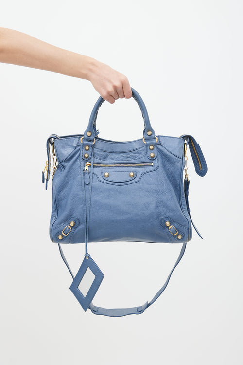 Balenciaga Blue Leather 
Gold-Tone City Shoulder Bag