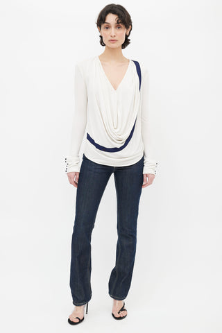 Balenciaga Cream 
Navy Draped Collar Long Sleeve Top