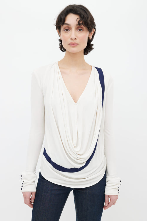 Balenciaga Cream 
Navy Draped Collar Long Sleeve Top