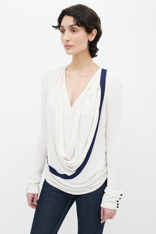 Balenciaga Cream 
Navy Draped Collar Long Sleeve Top