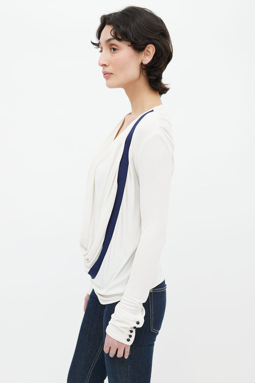 Balenciaga Cream 
Navy Draped Collar Long Sleeve Top