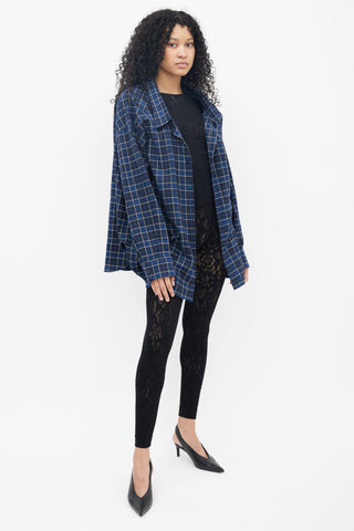 Balenciaga Navy 
White Plaid Oversized Shirt