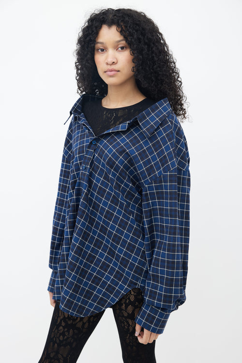 Balenciaga Navy 
White Plaid Oversized Shirt